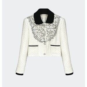 Cream Cropped Embellished Jacket with Black Trim